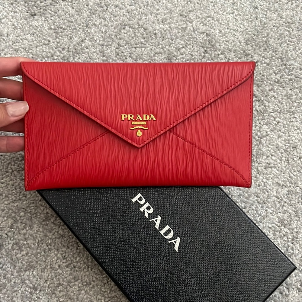 Prada Red Villeto Move Leather Long Envelope Wallet